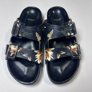 GIVENCHY Floral Moth Print Leather Double Strap Slides Sandals Black Women 38